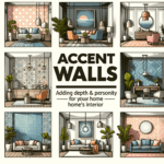 DALL·E 2023 11 01 09.18.59 Illustration of a diverse set of room interiors showcasing various accent walls in different patterns and colors. From geometric designs to simple col