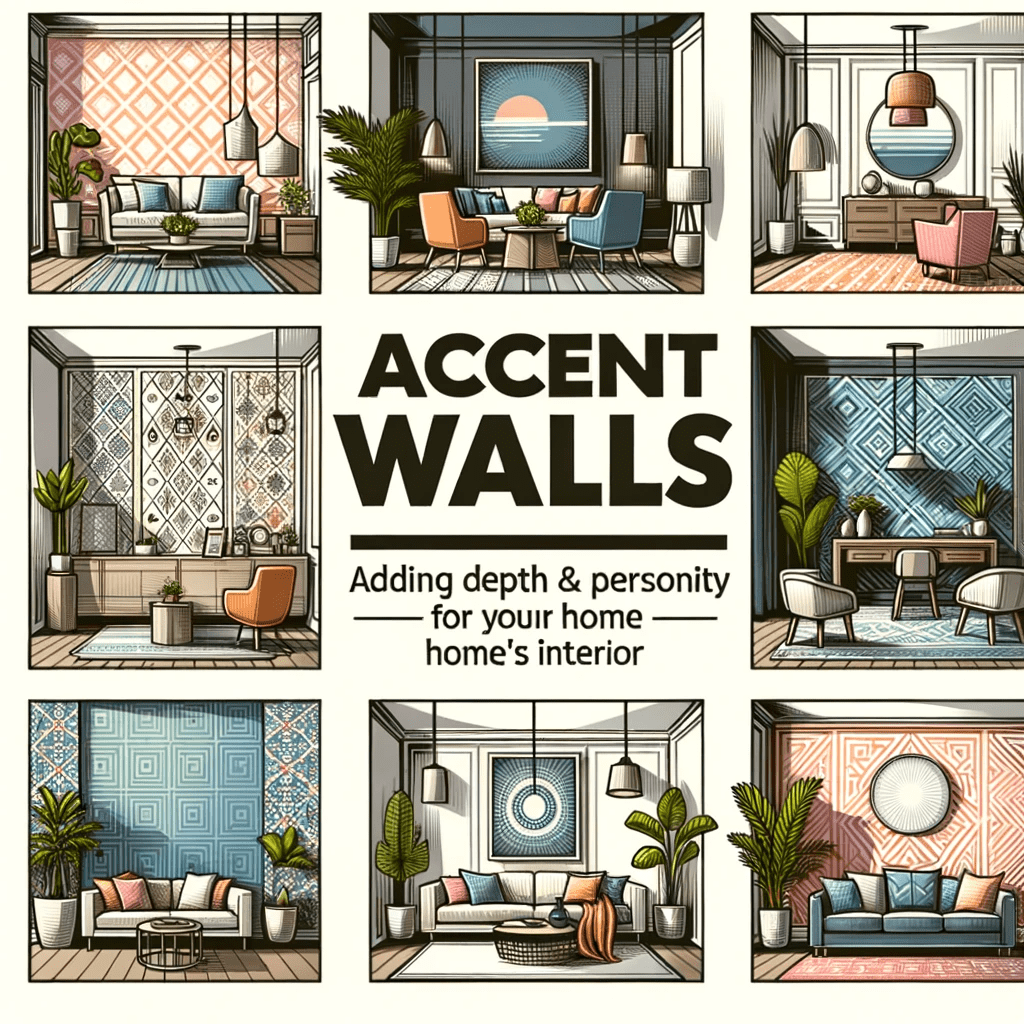 DALL·E 2023 11 01 09.18.59 Illustration of a diverse set of room interiors showcasing various accent walls in different patterns and colors. From geometric designs to simple col - Harpeth Painting LLC